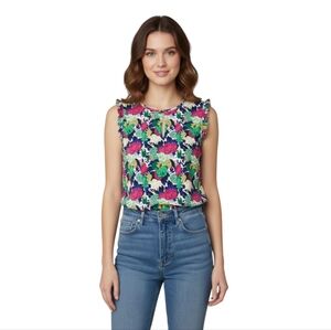 Boden Colorful Floral Sleeveless Ruffle Shoulder Keyhole Blouse Size‎ 2